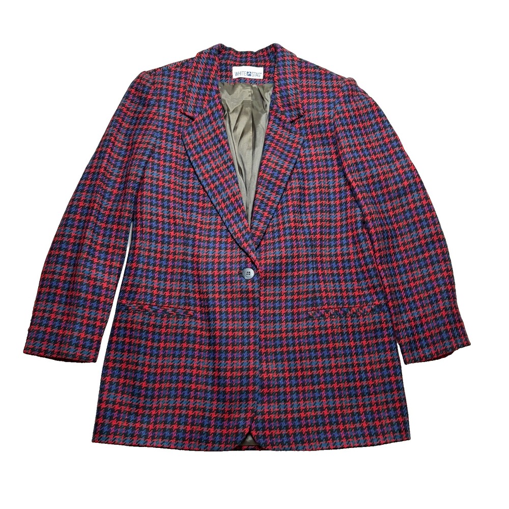 Vtg White Stag Blazer Womens Plaid Houndstooth Jacket Academia Preppy 90s